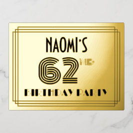 62. Geburtstagsparty ~ Art-Deco-Stil "62" + Name Folie Einladungspostkarte