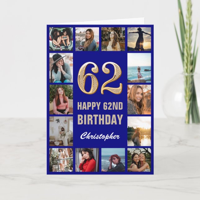 62. Happy Birthday Navy Blue & Gold Foto Collage Karte (Vorderseite)
