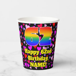62nd Birthday: Loving Hearts Pattern, Rainbow 62 Pappbecher