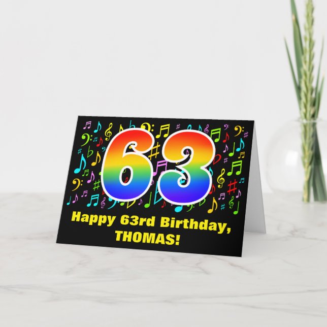 63. Geburtstag: Farbige Musiksymbole & Regenbogen  Karte (Vorderseite)