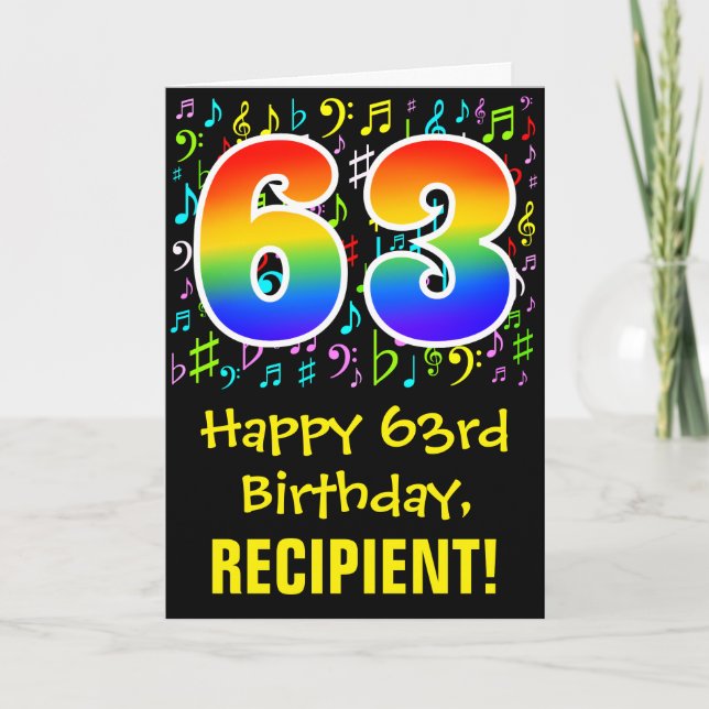63. Geburtstag: Farbige Musiksymbole + Regenbogen  Karte (Vorderseite)