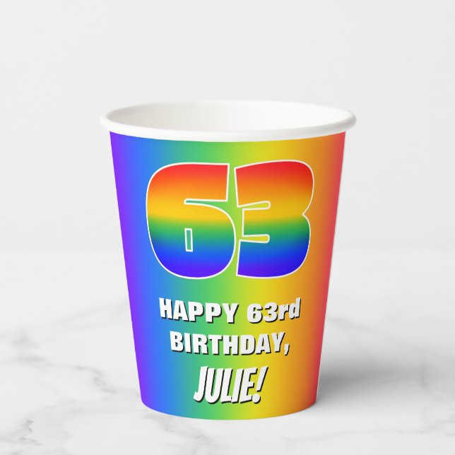 63. Geburtstag: Farbiges, lustiges Regenbogenmuste Pappbecher (Rückseite)