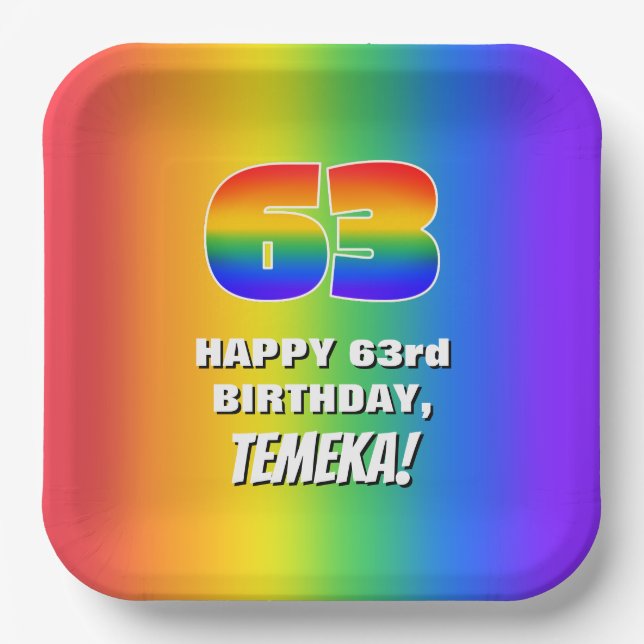 63. Geburtstag: Farbiges, lustiges Regenbogenmuste Pappteller (Vorderseite)