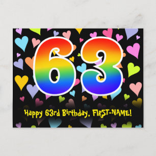63. Geburtstag: Fun Hearts Pattern, Regenbogen 63 Postkarte