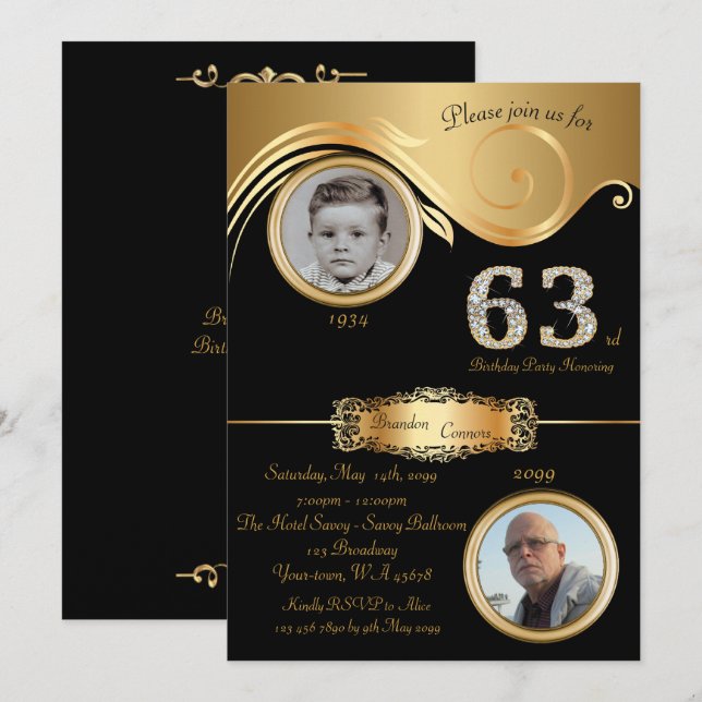 63. Geburtstag Mann 63., eleganter Deko, schwarzes Einladung (Vorne/Hinten)