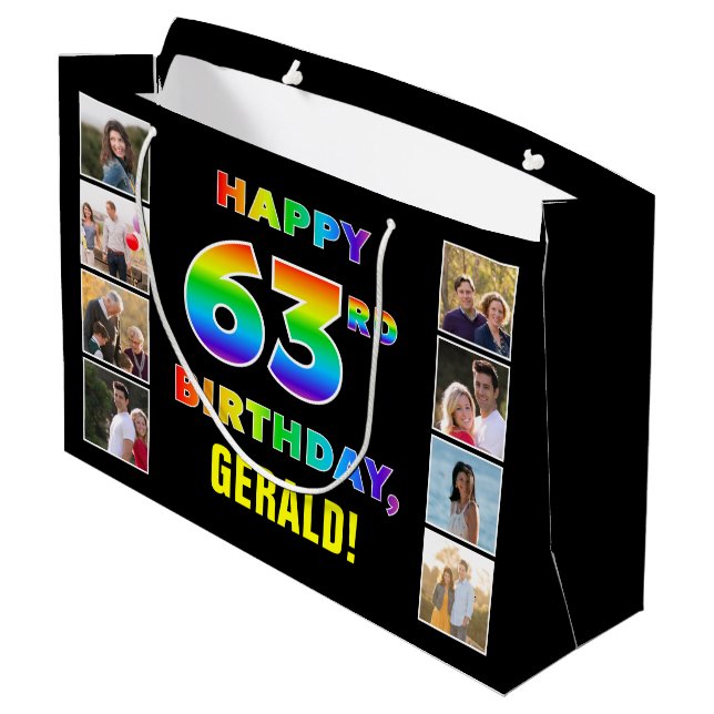 63. Geburtstag: Regenbogentext, benutzerdefinierte Große Geschenktüte (Rückseite Schrägansicht)