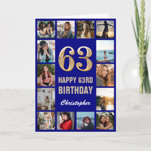 63. Happy Birthday Navy Blue & Gold Foto Collage Karte