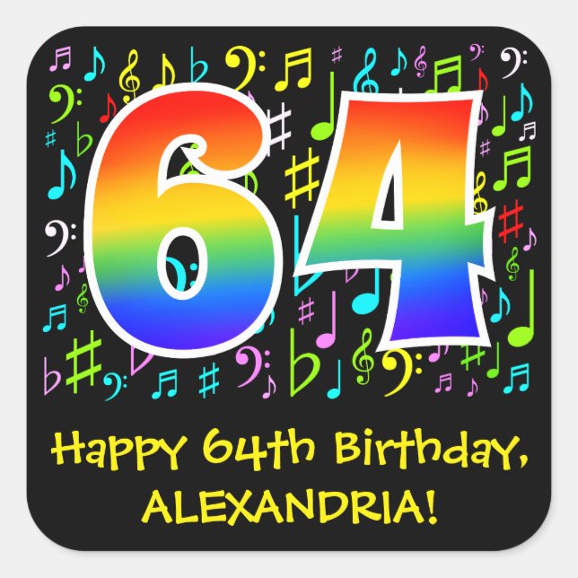 64. Geburtstag: Farbige Musiksymbole, Regenbogen 6 Quadratischer Aufkleber (Vorderseite)