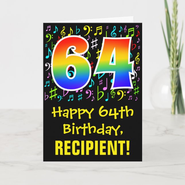 64. Geburtstag: Farbige Musiksymbole + Regenbogen  Karte (Vorderseite)