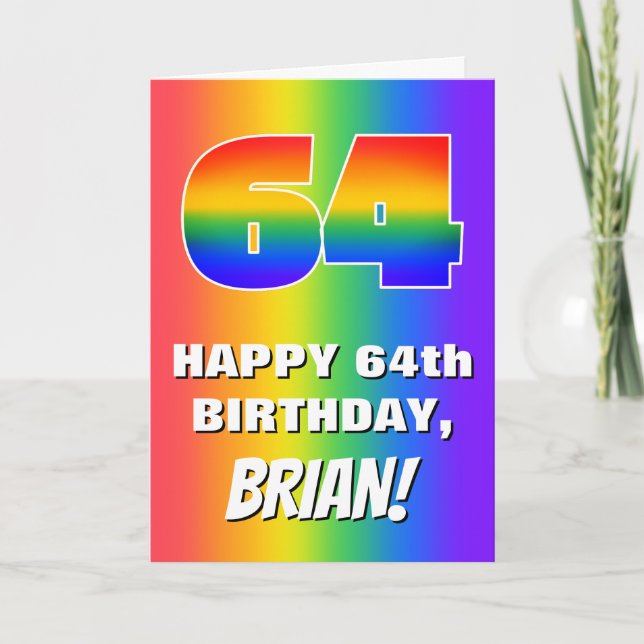 64. Geburtstag: Farbiges, lustiges Regenbogenmuste Karte (Vorderseite)