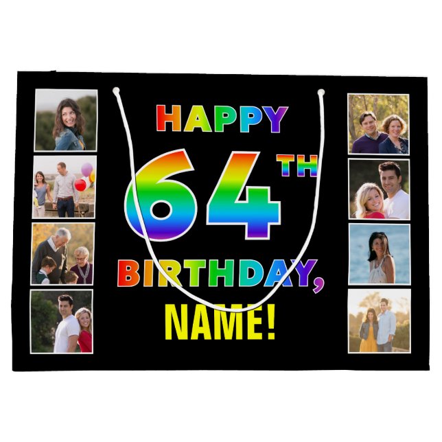 64. Geburtstag: Regenbogentext, benutzerdefinierte Große Geschenktüte (Rückseite)