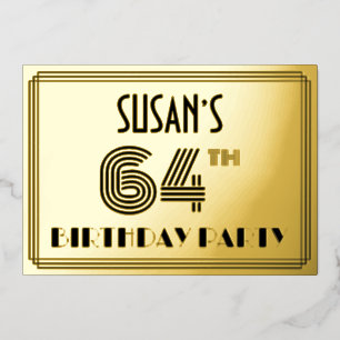 64. Geburtstagsparty — Art Deco Stil "64" & Name Folieneinladung