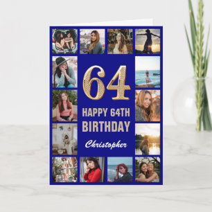 64. Happy Birthday Navy Blue & Gold Foto Collage Karte