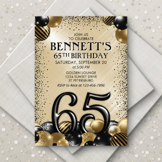65. Balloons Black Gold Geburtstag Einladung