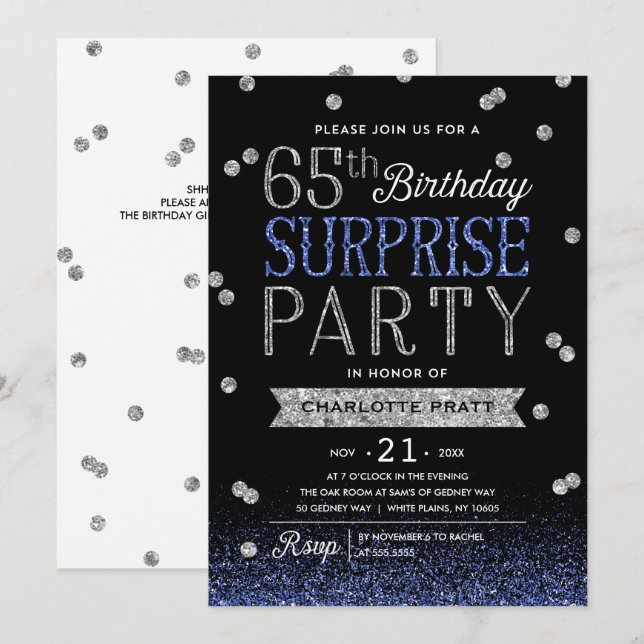 65. Blue Silver Glitzer Confetti Überraschung Part Einladung (Vorne/Hinten)