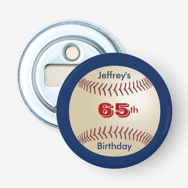 65. Geburtstag Baseball Gastgeschenk Magnetknopf Flaschenöffner (Vorderseite)
