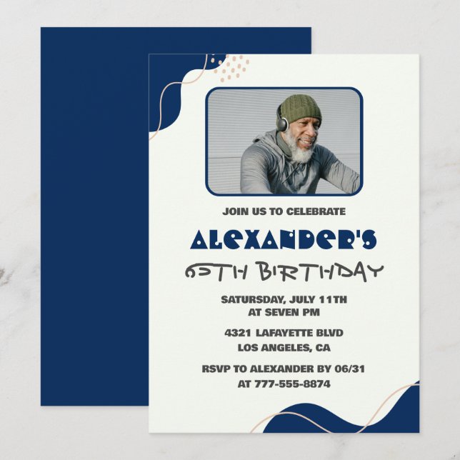 65. Geburtstag Einladungen Männer Blue Simple Foto (Vorne/Hinten)