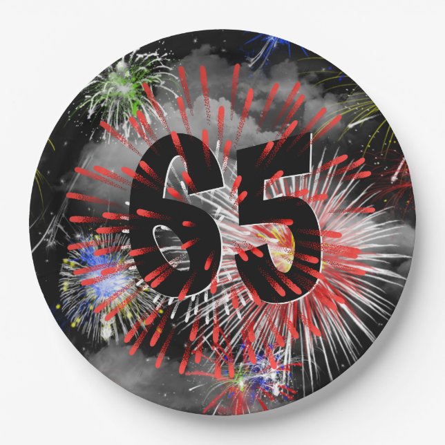 65. Geburtstag Feuerwerk in Clouds Papier Plate Pappteller (Vorderseite)