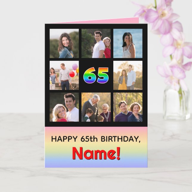 65. Geburtstag: Fun Rainbow #, Custom Fotos + Name Karte (Orchidee)