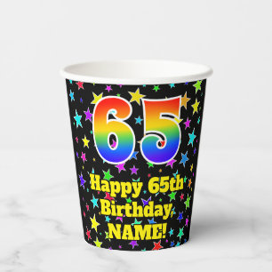 65. Geburtstag: Fun Stars Muster und Regenbogen 65 Pappbecher