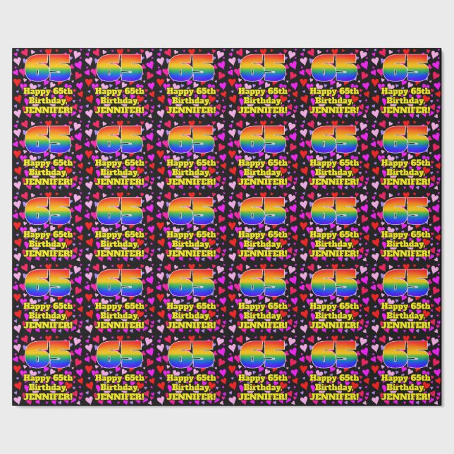 65. Geburtstag: Loving Hearts Pattern, Regenbogen  Geschenkpapier (Saum)