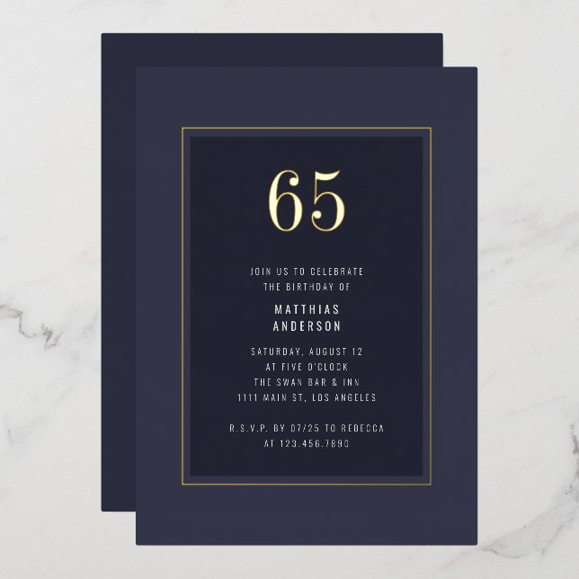 65. Geburtstag Minimal Eleganter dunkler Goldrahme Folieneinladung (Vorderseite/Rückseite)