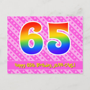 65. Geburtstag: Rosa Streifen & Herzen, Regenbogen Postkarte