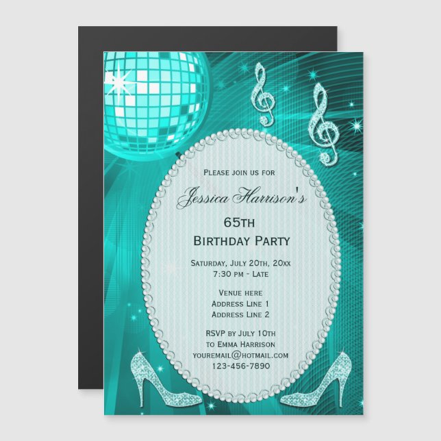 65. Geburtstag Sparkle Heels und Aquamariner Disco Magneteinladung (Vorne/Hinten)