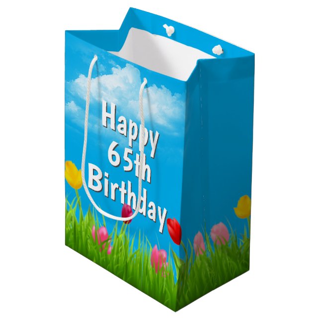 65. Geburtstag Tulips Mittlere Geschenktasche Geschenktüte (Vorderseite Schrägansicht)