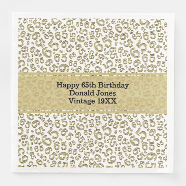 65. Geburtstag Zahlenmuster Gold/Weiß Serviette (Vorderseite)