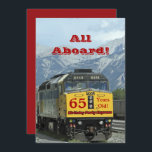 65. Geburtstagsparty Einladung Eisenbahn Zug<br><div class="desc">Ein Foto eines hellgelben Eisenbahnschienen schmückt dieses einzigartige und lustige 65. Geburtstagsfeier. Die Rückseite hat eine weiße Schrift auf einem roten Hintergrund. Sie können den Text leicht nach Namen,  Alter,  Ereignis,  Datum usw. ändern. Original Foto von Marcia Socolik. Alle Rechte vorbehalten © 2014 Alan & Marcia Socolik.</div>