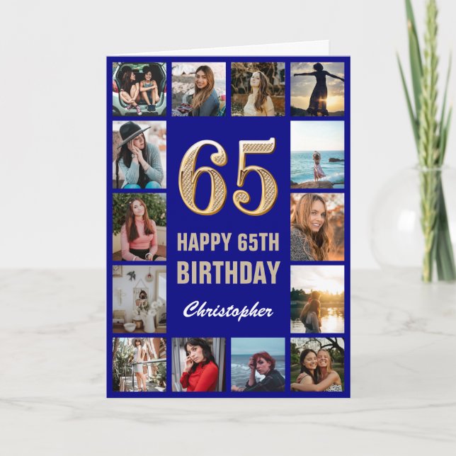 65. Happy Birthday Navy Blue & Gold Foto Collage Karte (Vorderseite)