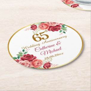 65. Hochzeitsjubiläum Goldrahmen Floral Runder Pappuntersetzer