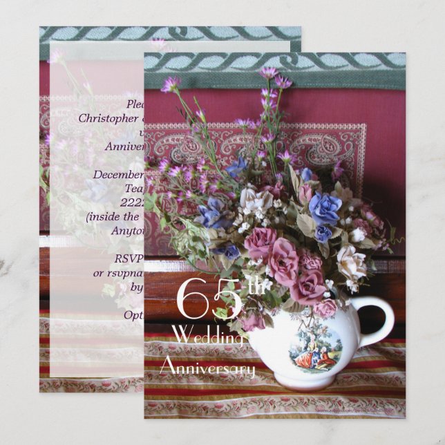 65. Hochzeitstag Einladung zum Vintagen Teapot (Vorne/Hinten)