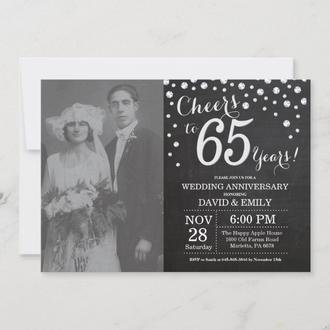 65. Hochzeitstag Schwarzes Silber Chalkboard Einladung (Vorderseite)