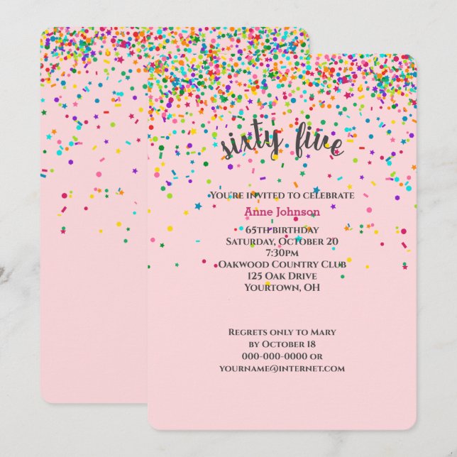 65e anniversaire Fête confetti Invitation (Devant / Derrière)