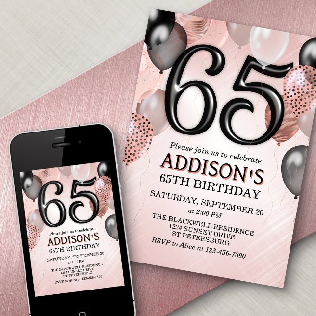 65e anniversaire Rose Gold Ballons Invitation (Créateur téléchargé)