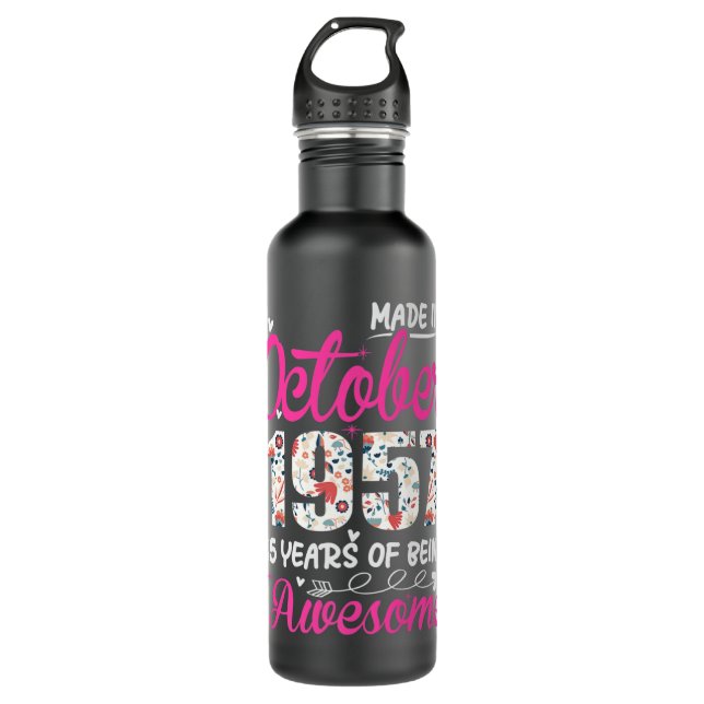 65th Birthday Awesome Since October 1957 Floral Pr Edelstahlflasche (Vorderseite)