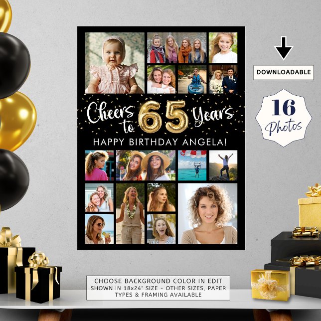 65th Birthday Black Gold 16 Photo Cheers to Years Poster (Von Creator hochgeladen)