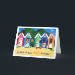 65th Birthday Card for a Father - Beach Huts Karte<br><div class="desc">A 65th Birthday Card for a father with row of beach huts from a handpainted paper collage by Judy Adamson. You can customise the inside of the card and I can easily change the front cover text on request through my store.</div>