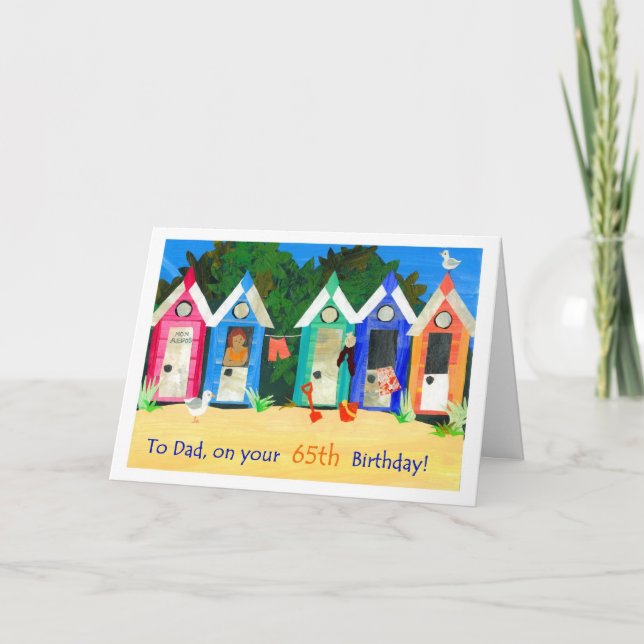 65th Birthday Card for a Father - Beach Huts Karte (Vorderseite)