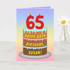 65th Birthday — Fun Cake & Candles, w/ Custom Name Karte