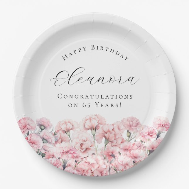 65th Birthday Pink Carnation January Birth Flower Pappteller (Vorderseite)