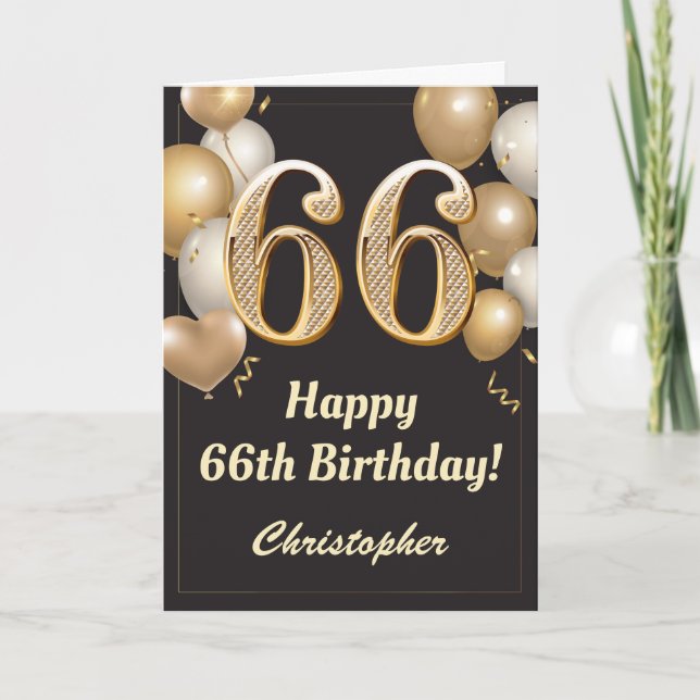 66. Geburtstag Black and Gold Balloons Confetti Karte (Vorderseite)
