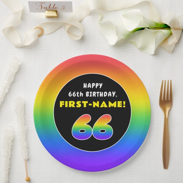 66. Geburtstag: Farbiger Regenbogen # 66, Individu Pappteller (Hochzeit)