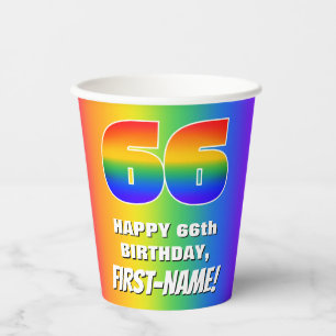 66. Geburtstag: Farbiges, lustiges Regenbogenmuste Pappbecher
