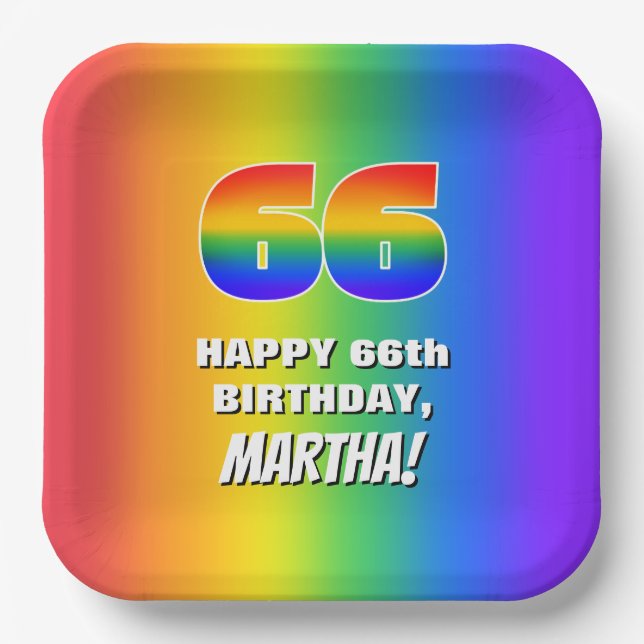 66. Geburtstag: Farbiges, lustiges Regenbogenmuste Pappteller (Vorderseite)