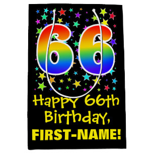 66. Geburtstag: Farbiges Sternenmuster & Regenboge Mittlere Geschenktüte