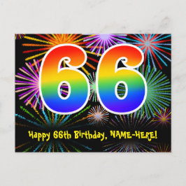 66. Geburtstag - Fun Fireworks Pattern + Regenboge Postkarte