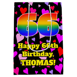 66. Geburtstag: Loving Hearts Pattern, Regenbogen  Mittlere Geschenktüte